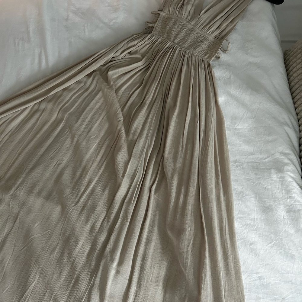 H&M Beige Pleated Maxi Dress with Shirred Waist